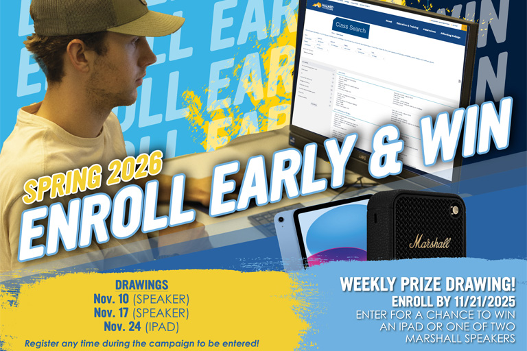 Promotional graphic for Spring 2026 enrollment campaign. Text reads “Enroll Early & Win.” The image shows a student wearing a hat looking at a computer screen with a class search page displayed. Featured prizes include a Marshall speaker and an iPad. Text at the bottom notes weekly prize drawings: November 10 and 17 for speakers, and November 24 for an iPad. It also states: “Enroll by 11/21/2025 to enter for a chance to win.” The design uses blue and yellow colors with bold lettering.