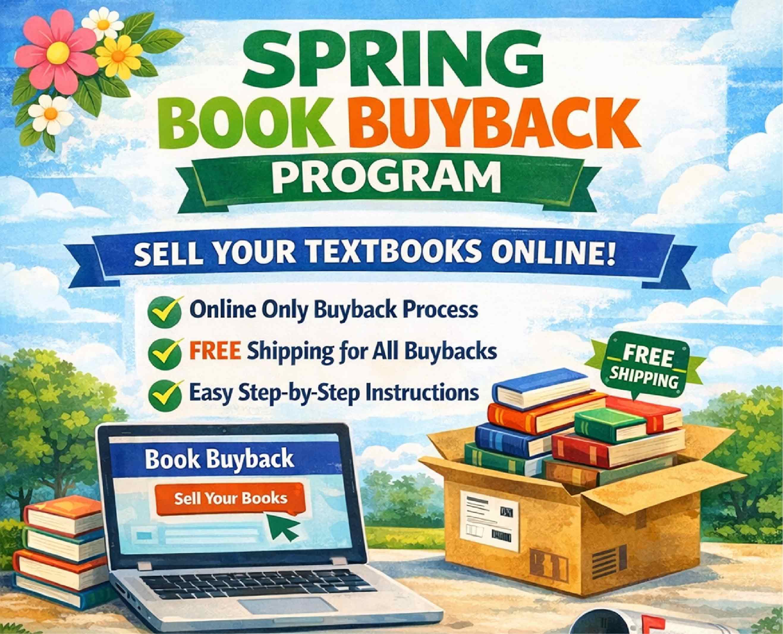 Colorful promotional graphic for a Spring Book Buyback Program. Large text reads “Spring Book Buyback Program” and “Sell Your Textbooks Online!” Bullet points highlight: Online Only Buyback Process, Free Shipping for All Buybacks, and Easy Step-by-Step Instructions. An illustration shows a laptop displaying a “Book Buyback – Sell Your Books” button, stacks of textbooks, and a shipping box filled with books labeled “Free Shipping,” set against a bright spring background with flowers and trees.